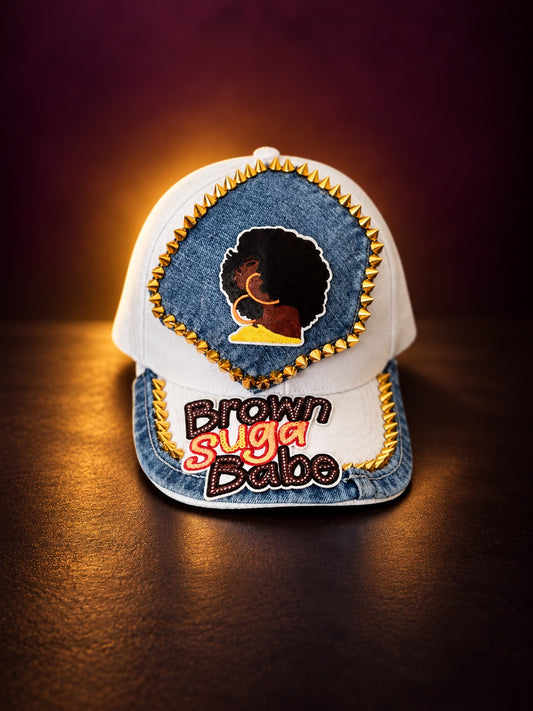 Brown Suga Babe custom denim and white statement cap with gold studs