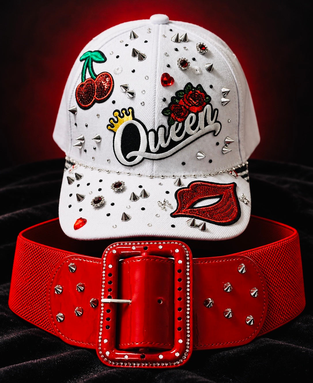 Embellished white Queen cap and matching red belt