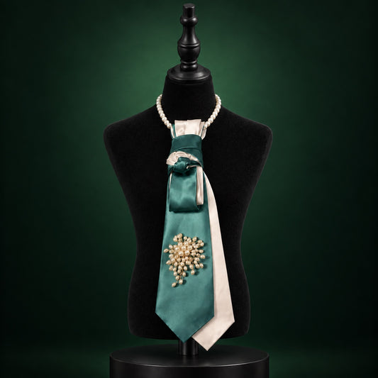 Emerald green and ivory layered tie necklace with pearl strand and pearl statement brooch