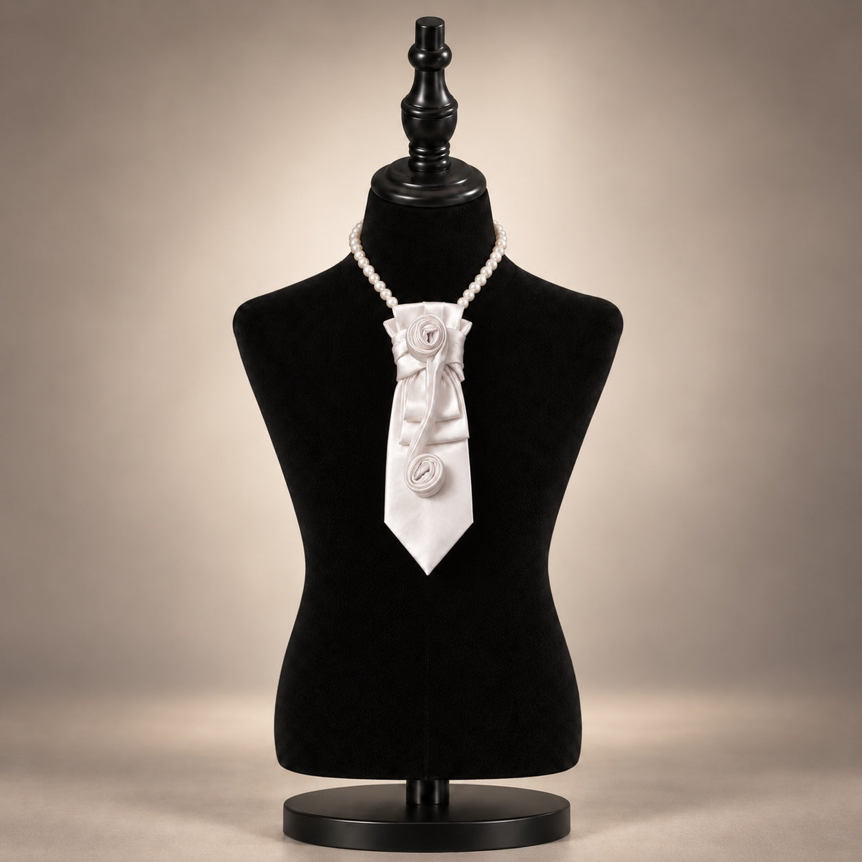 Ivory tie necklace with rosette details and pearl strand displayed on black dress form