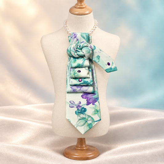 Mint, teal, and purple floral tie necklace with pearl strand and purple gemstone accents